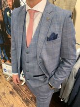 Load image into Gallery viewer, Marc Darcy ‘Harry’ blue three piece suit (waistcoat, jacket and trousers sold separately) close-up from Gere Menswear 
