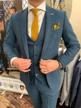 Load image into Gallery viewer, Marc Darcy ‘Dion’ blue three piece suit (waistcoat, jacket and trousers sold separately) close-up from Gere Menswear

